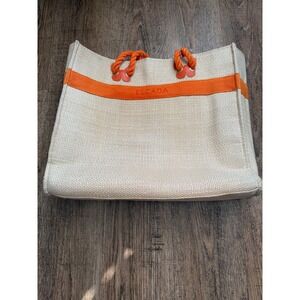 Escada‎ Woven Straw Tote Bag Orange Cream Rope Handle Beach Bag Large